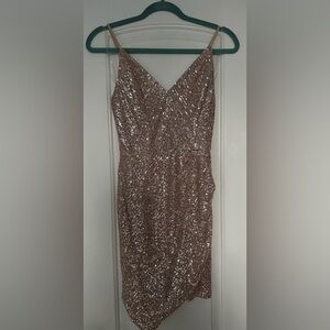 CRYSTAL SKY Size M Juniors Rose Gold Sequin Spaghetti Strap V Neck Mini Dress